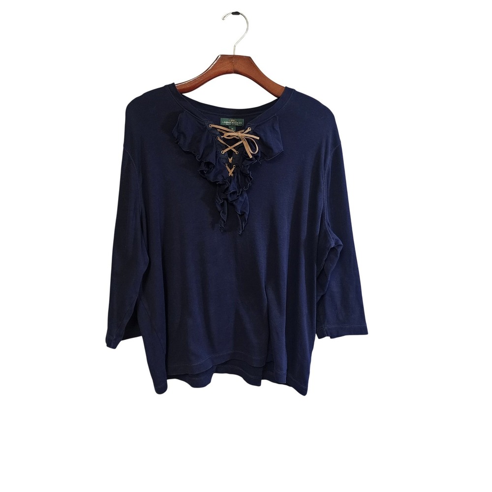 Lauren Ralph Lauren Navy Blue Ruffle Lace Up Top 3X Cotton Knit 3/4 Sleeve